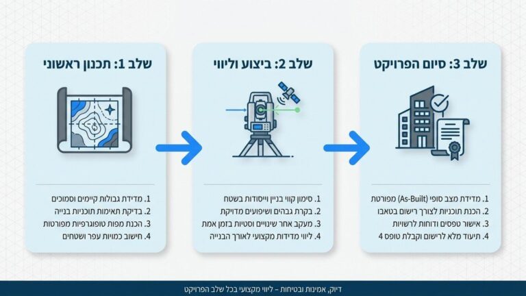 מודד קרקע מבצע מדידה טופוגרפית בשטח פתוח באמצעות ציוד מתקדם