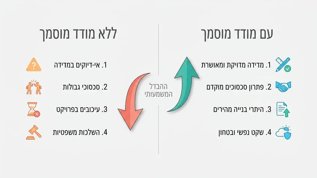 אדריכל ומודד בוחנים תוכניות בנייה בשטח