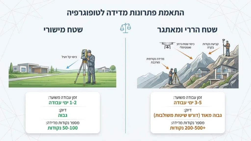 מודד מוסמך מבצע מדידות טופוגרפיות בשטח הררי