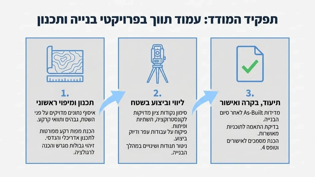 מודד מוסמך מבצע מדידות בשטח באמצעות ציוד מתקדם למטרת היתרי בנייה